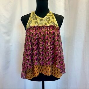 Zara multicolored metallic chiffon ruffle baby doll layered open back halter top